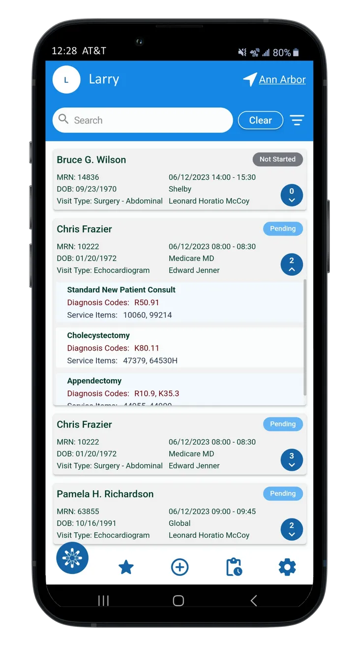Medmio worklist on mobile with per-patient charge entry